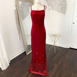 Vintage 90s Blood Red Velvet Silver Glitter Floral Embellished Maxi Prom Dress M